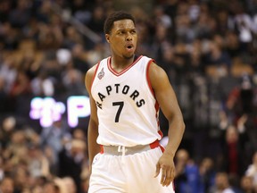 Toronto Raptors point guard Kyle Lowry (7) celebrates after hitting a three-point shot against the Brooklyn Nets at Air Canada Centre. The Raptors beat the Nets 112-100. Tom Szczerbowski-USA TODAY Sports