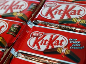 File photo of the Nestle logo is pictured on KitKat chocolate bars at the company headquarters in Vevey, Switzerland, October 17, 2013. (REUTERS/Denis Balibouse/Files)