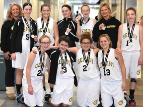 CONTRIBUTED PHOTO
The Tillsonburg Gemini U14 girls OBA team captured silver at the MUMBA basketball tournament in Markham on the weekend. From left are (front) Maddy Cluett, Hannah Lasook, Aliyah Bailey, (back row) coach Deb Gilvesy, Emily Vandevyvere, Grace Gilvesy, Tasia Stevens, Jenn Demaree, coach Cheryl Fody and Abby Helsdon.