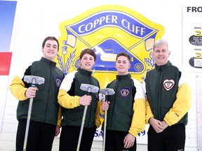 Sudbury's Tanner Horgan rink, made up of skip Tanner Horgan, vice Jacob Horgan, second Nicholas Bissonnette, lead Maxime Blais(missing from photo) and coach Gerry Horgan at the Copper Cliff Curling Club in Sudbury, Ont. on Tuesday January 19, 2016.