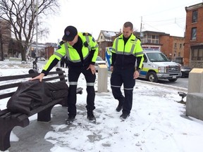 Hamilton Paramedics tweeted this photo of a statue of a homeless person on a bench that has led to phone calls from concerned citizens. (Twitter)