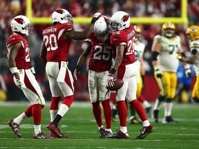 Arizona Cardinals free safety Rashad Johnson celebrates after an interception against the Green Bay Packers in the third quarter in a NFC Divisional round playoff game at University of Phoenix Stadium in Glendale on Jan. 16, 2016. (Mark J. Rebilas/USA TODAY Sports)