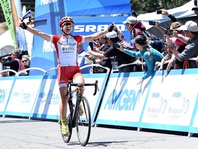 Leah Kirchmann of Canada celebrates her victory of stage two of the 2015 Amgen Tour of California women's race at the Heavenly Mountain Resort on May 9, 2015 in South Lake Tahoe, California.