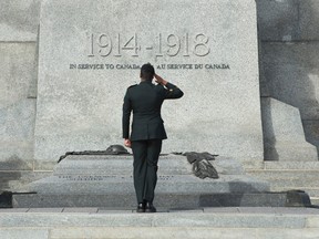 A member of the Canadian Forces salutes as he passes in front of the Tomb of the Unknown Soldier at the National War Memorial in Ottawa. (THE CANADIAN PRESS/Adrian Wyld)