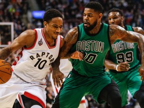 Raptors’ DeMar DeRozan led the Raptors with 34 points in the win over the Celtics Tuesday at the ACC. (Dave Thomas/Toronto Sun)