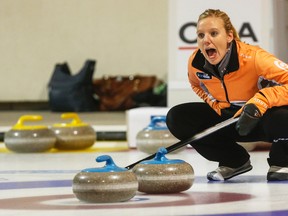 Skip Allison Flaxey calls out instructions to her teammates during play at the 2016 Ontario Scotties Tournament of Hearts in Brampton. (DAVE THOMAS/Toronto Sun)