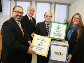 Sudbury MPP Glenn Thibeault, left, Niilo Saari, a volunteer with the Ontario Trillium Foundation, Kevin McCormick, president and vice-chancellor of Huntington University and chair of the Northern Ontario Centre for Learning Differences, and Mary-Liz Warwick, interim executive director of the Northern Ontario Centre for Learning Differences, were on hand for a funding announcement for the NOCLD at Huntington University in Sudbury, Ont. on Wednesday January 20, 2016. John Lappa/Sudbury Star/Postmedia Network