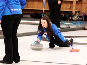Skip Tracy Fleury of Sudbury's Idylwylde Golf & Country Club leads her team in warm-up prior to her tournament-opening match against Timmins' Gail Wiseman rink on Wednesday at the 2016 Northern Ontario Scotties Tournament of Hearts at Timmins' McIntyre Curling Club. Fleury will be looking to defend her Northern Ontario title as action continues throughout the week with the finals set for Sunday at 10 a.m.