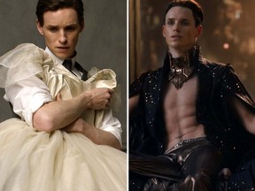 From left: Eddie Redmayne in Oscar nominated role in The Danish Girl; Redmayne in the Razzie-nominated role in Jupiter Ascending. (Handout photos)