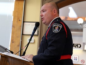 Emily Mountney-Lessard/The Intelligencer
Cst. Brad Stitt of the Belleville Police Service speaks to members of the Police Services Board regarding the Festive RIDE campaign of 2015-2016.
