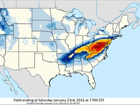 This image provided by National Oceanic and Atmospheric Administration's (NOAA) shows a computer model forecasting the chances of a snowstorm hitting the East Coast this weekend, Jan. 22-23, 2016. (National Oceanic and Atmospheric Administration via AP)