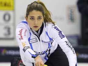 Skip Shannon Birchard delivers a rock during the Scotties Tournament of Hearts in Beausejour, Man. Wednesday January 20, 2016. (Brian Donogh/Winnipeg Sun/Postmedia Network)