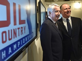 Jeff Monday, right, Mackenzie Tour president and Bob Nicholson, Oilers Entertainment Group CEO announced the Mackenzie Tour Oil Country Championship for 2016 at Edmonton’s Glendale Golf and Country Club at a presentation Thursday at the Ice District offices. (Ed Kaiser)