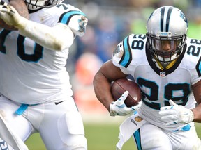 Carolina Panthers running back Jonathan Stewart (28) runs for a touchdown against the Seattle Seahawks in their NFC Divisional playoff game at Bank of America Stadium. (John David Mercer/USA TODAY Sports)