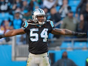 Shaq Green-Thompson of the Carolina Panthers reacts after breaking up a pass against the Washington Redskins during their game at Bank of America Stadium in Charlotte on Nov. 22, 2015. (Grant Halverson/Getty Images/AFP)