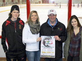 The Perry family, including, from left, Brock, Robin, Jeff and Ella, are pictured at Clearwater Arena on Saturday January 16, 2016 in Sarnia, Ont. Perry's Wild Three-on-Three Hockey League is returning for a 10th season, but this time at Clearwater. Terry Bridge/Sarnia Observer/Postmedia Network