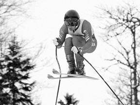 This Feb. 6, 1984, file photo shows American Olympic downhill skier Bill Johnson during the third training run for the Winter Olympic alpine skiing events, near Sarajevo, Bosnia-Herzegovina. The U.S. ski team says the former Olympic downhill champion has died after a long illness. He was 55. Megan Harrod, a spokeswoman for the U.S. Alpine team, says Johnson died Thursday, Jan. 21, 2016  at an assisted living facility in Gresham, Ore. (AP Photo/Michel Lipchitz, File)