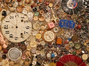 A detail from “Party Hat Diabolique” by Lisa Kokin in The Button Show at the Rush Arts Gallery is displayed Wednesday, Jan. 20, 2016, in New York. Clothing buttons are reimagined as an artistic medium in contemporary art in the show running through March 12. (AP Photo/Frank Franklin II)