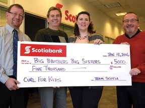 Diamond sponsor Scotiabank donated $5,000 to the 12th annual Curl for Kids organized by Big Brothers Big Sisters of Ingersoll, Tillsonburg and Area. Scotiabank also enters teams in both the Tillsonburg event, which will be January 30 at the Tillsonburg Curling Club, and Feb. 6 in Ingersoll. There is still time to join the fun – celebrate The Colours of Mardi Gras by calling 519-842-9000 in Tillsonburg or 519-485-1801 in Ingersoll or visit their website at www.sharethefun.org. From left are Scotiabank's Scott Vail and David Abrams, Heather Brekelmans – BBBS resource coordinator, and Scotiabank's Dave Harnett. (Chris Abbott/Tillsonburg News)