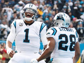 Carolina Panthers running back Jonathan Stewart (28) celebrates his touchdown with quarterback Cam Newton during playoff action against the Seattle Seahawks Sunday, Jan. 17, 2016, in Charlotte, N.C. (AP Photo/Bob Leverone)