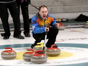 Dustin Montpellier, skip of the Montpellier rink from the Sudbury Curling Club, competes in the Northern Ontario men's East qualifier at the Idylwylde Golf and Country Club in Sudbury, Ont. on Friday January 22, 2016. The competition continues Saturday with draws at 9 a.m., 2 p.m. and 7 p.m., and again Sunday with a draw at 9 a.m. and tiebreakers at 2 and 5 p.m. if necessary at the Idylwylde. The top three teams qualify for the Northern Ontario men's championship, with that winner advancing to the Brier.