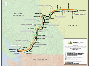 A map of the Trans Mountain pipeline expansion project. The black line represents the existing pipeline, and the orange line is the pipeline Kinder Morgan is proposing to build as part of the expansion project.