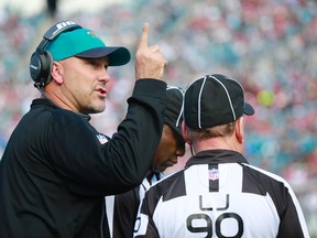 Jacksonville Jaguars head coach Gus Bradley speaks to the officials during NFL play against the Atlanta Falcons last month at EverBank Field. (Kim Klement/USA TODAY Sports)