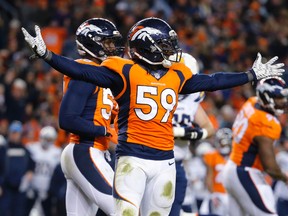 Denver Broncos inside linebacker Danny Trevathan celebrates after a play during the second half in an NFL football game against the San Diego Chargers in Denver. (AP Photo/Jack Dempsey, File)