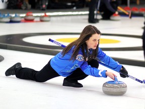 Skip Tracy Fleury delivers a rock at the 2016 Northern Ontario Scotties Tournament of Hearts. BENJAMIN AUBe/The Daily Press