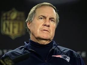 New England Patriots head coach Bill Belichick faces reporters before an NFL football practice, Wednesday, Jan. 20, 2016, in Foxborough, Mass. The Patriots are to play the Denver Broncos in the AFC Championship game on Sunday in Denver. (AP Photo/Steven Senne)