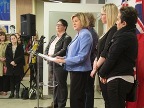 Helena Jaczek, minister of community and social services, during the announcement of the Rural Realities Fund in Strathroy back in January. Joining her on stage were, from left, Marlene Ham, provincial co-ordinator of Ontario Association of Interval and Transition Houses, Kate Wiggins of Women?s Community House in London, Corey Allison of Women?s Rural Resource Centre of Strathroy and Area, and Jehan Chaudhry, executive director of Sandgate Women?s Shelter in York Region. (DEREK RUTTAN, The London Free Press)