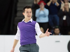 Patrick Chan performs his short program during the Canadian figure skating championships in Halifax on Friday night. The 25-year-old is in first place heading into today’s long program. (THE CANADIAN PRESS/PHOTO)