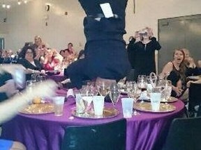 A handstand for the ladies at the 2nd annual MILPS Gala in Seaforth. (Photo courtesy of the Huron East Centenaires Twitter)