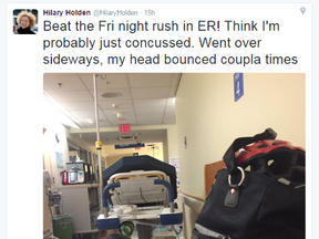 A tweet by Hilary Holden, the city’s director of transit and sustainable transportation, from hospital after being doored Friday night.