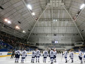 Toronto Maple Leafs alumni players line up on the blue line at the former Maple Leaf Gardens, now Mattamy Athletic Centre, during the Heroes Hockey Challenge in Toronto on last March. The Maple Leafs alumni will play the Oxford Stars roster in an event hosted by the Canadian Mental Health Association's Oxford County branch March 5 at Southwood arena. Michael Peake/Toronto Sun/Postmedia Network