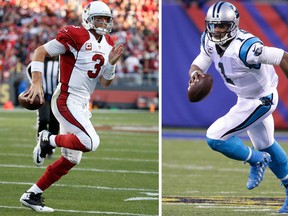 At left, in  Nov. 29, 2015, file photo, Arizona Cardinals quarterback Carson Palmer runs for a touchdown against the San Francisco 49ers in Santa Clara, Calif. At right, in a Dec. 20, 2015, file photo, Carolina Panthers’ Cam Newton plays against the New York Giants, in East Rutherford, N.J. (AP Photo/File)