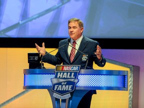 Terry Labonte talks about his family’s involvement in his racing career during the NASCAR Hall of Fame induction ceremony in Charlotte, N.C., Saturday, Jan. 23, 2016. (AP Photo/Mike McCarn)