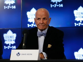 Legends Row inductee Dave Keon talks to the media during the first period intermission on Saturday night at the ACC. (Jack Boland/Toronto Sun)