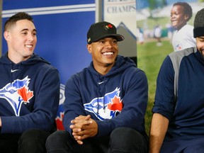 Aaron Sanchez, Marcus Stroman and Dalton Pompey during the Toronto Blue Jays Winter Tour at the Rogers Centre in Toronto Tuesday, January 19, 2016. (Stan Behal/Toronto Sun)