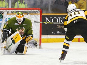 Jason Robertson beats Battalion goalie Jake Kment in the shootout to give the Kingston Frontenacs a 2-1 Ontario Hockey League victory in North Bay on Sunday afternoon. (Dave Dale/Postmedia Network)
