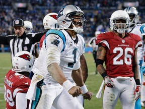 Carolina Panthers' Cam Newton celebrates a first down run during the second half the NFL football NFC Championship game against the Arizona Cardinals, Sunday, Jan. 24, 2016, in Charlotte, N.C. (AP Photo/Chuck Burton)