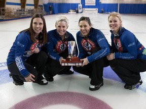 Team Hanna poses with the trophy after beating the Homan rink 10-8 to win the Ontario Scotties Tournament of Hearts in Brampton yesterday. (Robert Wilson/OCA)
