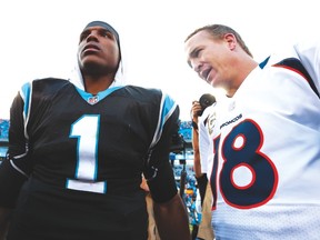 In this file photo from November 2012, Carolina Panthers QB Cam Newton (left) talks with Denver Broncos counterpart Peyton Manning. The two quarterbacks will meet in Super Bowl 50 on Feb. 7 at Levi’s Stadium in Santa Clara, Calif. (AFP FILE)