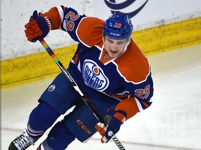 EDMONTON, ALTA: JANUARY 24, 2016 -- Leon Draisaitl in the fastest skater event at the Oilers Skills Competition at Rexall Place in Edmonton, January 24, 2016. This provides fans the opportunity to watch as their Oilers go head-to-head in competitions for fastest skater, accuracy, hardest shot, puck control relay, 3-on-3 and king of the shootout. (ED KAISER/PHOTOGRAPHER)