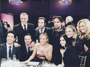 The original "Friends" cast reunites (minus Matthew Perry) alongside the cast of "The Big Bang Theory." (Instagram/Kaley Cuoco)