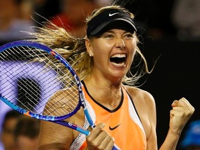 Russia's Maria Sharapova celebrates after winning her fourth round match against Switzerland's Belinda Bencic at the Australian Open tennis tournament at Melbourne Park, Australia, January 24, 2016. (REUTERS/Thomas Peter)