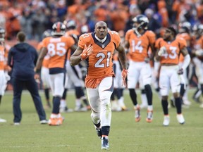 Denver Broncos cornerback Aqib Talib celebrates in the closing seconds of the AFC Championship football game at Sports Authority Field at Mile High. Denver Broncos defeated New England Patriots 20-18 to earn a trip to Super Bowl 50. (Ron Chenoy/USA TODAY Sports)