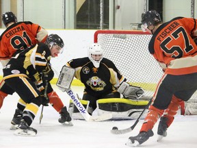 Vermilion Jr. B Tigers goaltender Danton Brooks tracks the puck during Friday night’s 4-1 loss to the Wainwright Bisons. Brooks has the sixth best goals against average in the NEAJBHL.