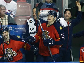 Florida Panthers right winger Jaromir Jagr is congratulated by centre Aleksander Barkov after scoring a goal during the second period of a game against the Montreal Canadiens in Sunrise, Fla., on Dec. 29, 2015. (AP Photo/Lynne Sladky)