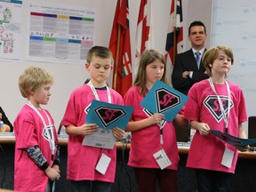 Grade 4/5 North Trenton Public School share how they participated in the Say One Nice Thing Campaign at the Hastings and Prince Edward District School Board meeting on Monday January 25, 2016 in Belleville, Ont. Tim Miller/Belleville Intelligencer/Postmedia Network